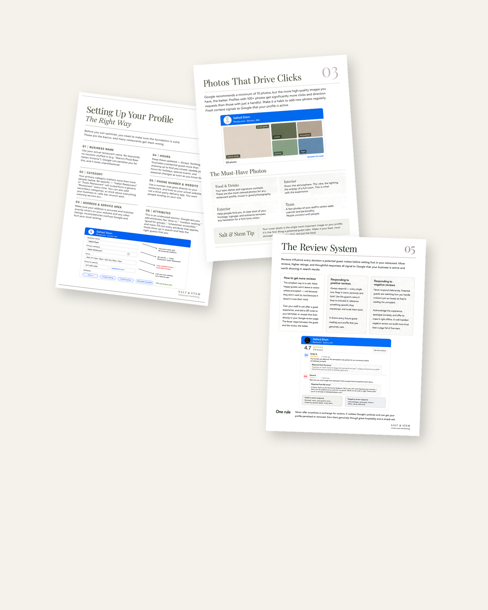 Interior pages from the Salt & Stem Google Business Profile guide — profile setup, photography, and the review system.